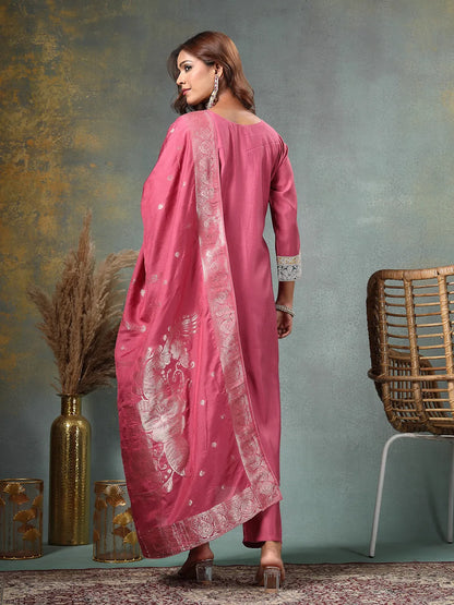 Pink Dori-Embroidery Straight Silk Blend Kurta Trouser Dupatta Set