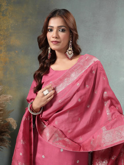 Pink Dori-Embroidery Straight Silk Blend Kurta Trouser Dupatta Set