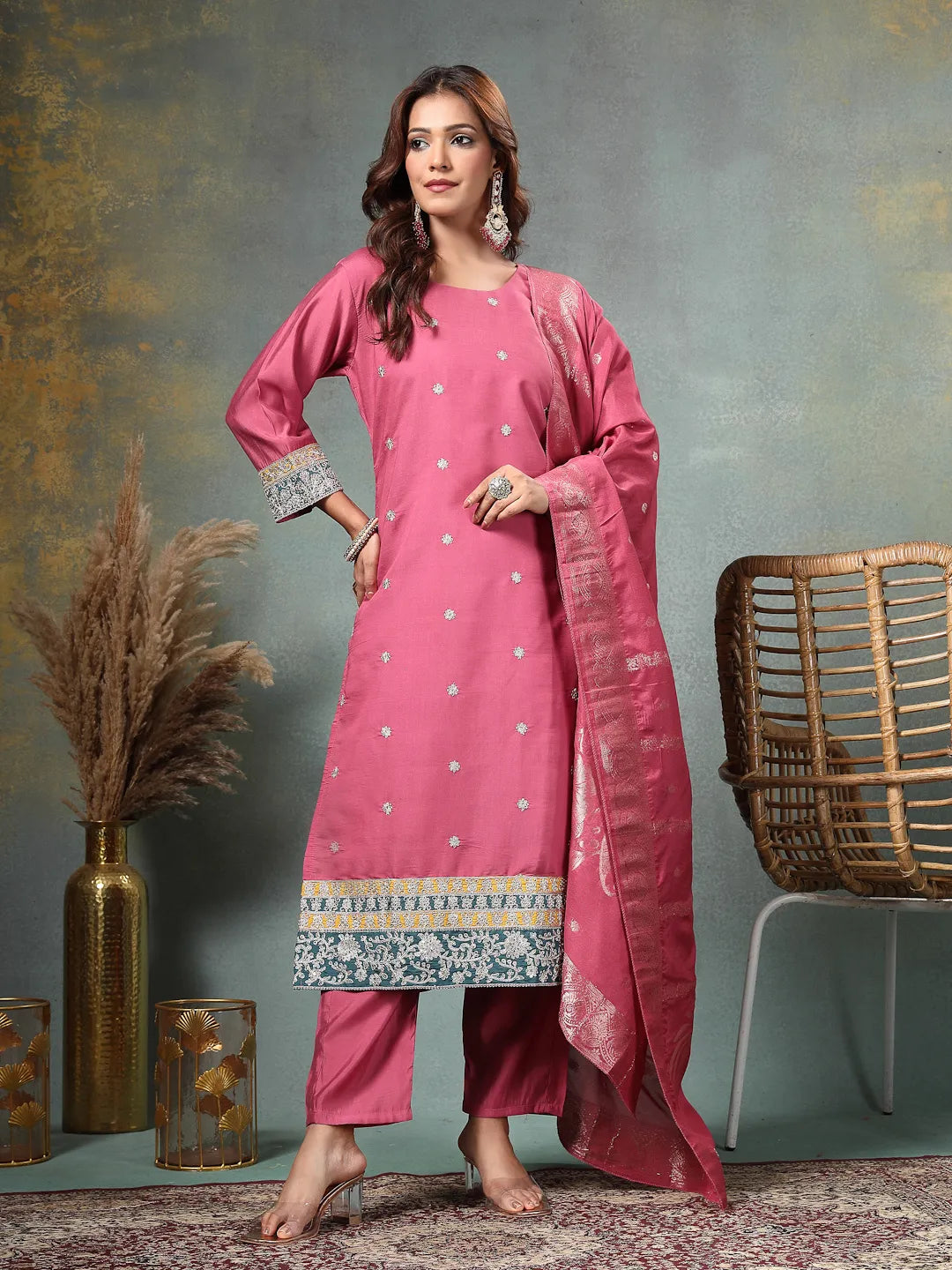 Pink Dori-Embroidery Straight Silk Blend Kurta Trouser Dupatta Set