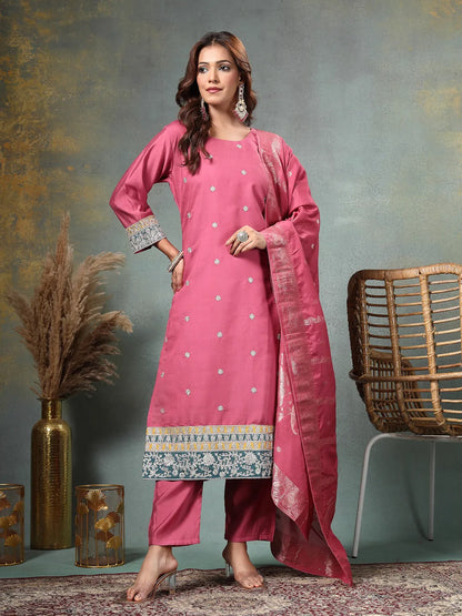 Pink Dori-Embroidery Straight Silk Blend Kurta Trouser Dupatta Set