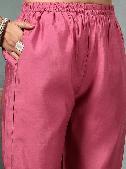 Pink Dori-Embroidery Straight Silk Blend Kurta Trouser Dupatta Set