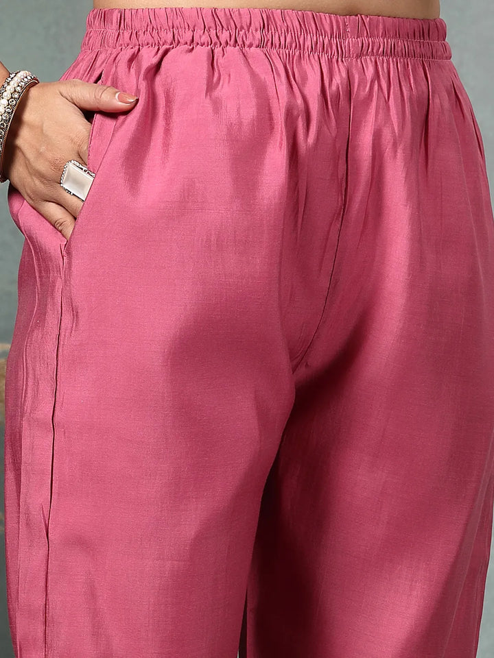 Pink Dori-Embroidery Straight Silk Blend Kurta Trouser Dupatta Set