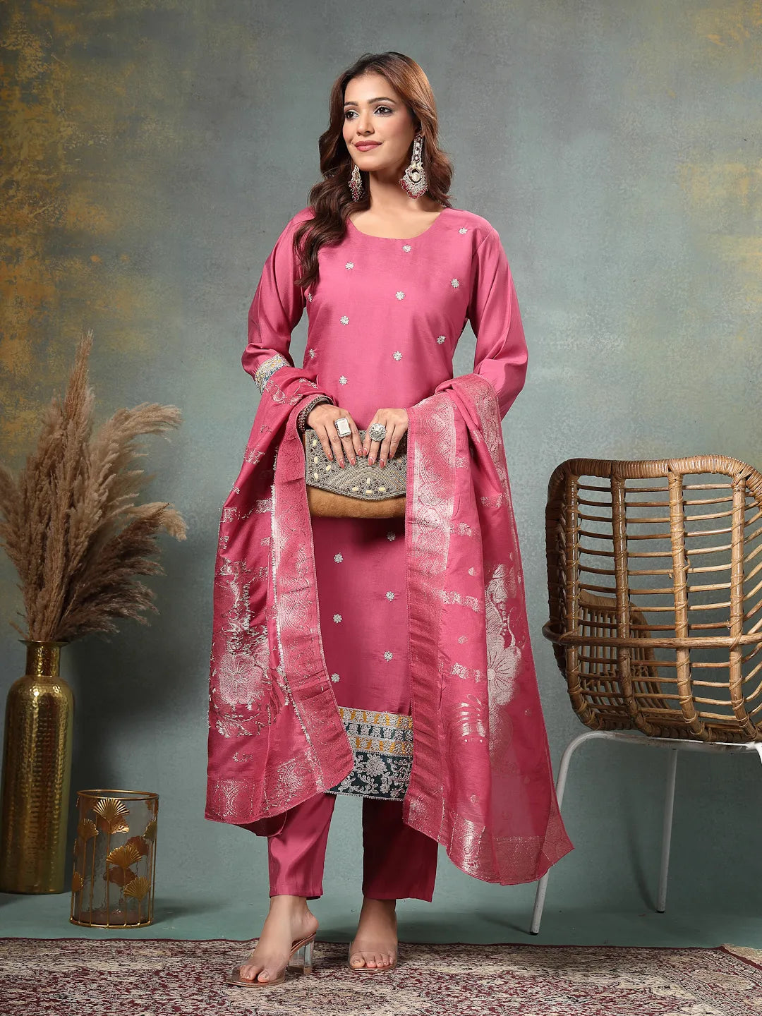 Pink Dori-Embroidery Straight Silk Blend Kurta Trouser Dupatta Set
