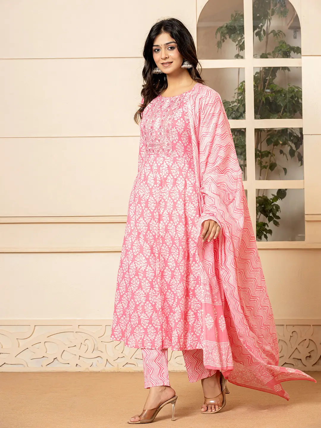 Pink Embroidered Pure Cotton Anarkali Kurta Trouser With Dupatta Set