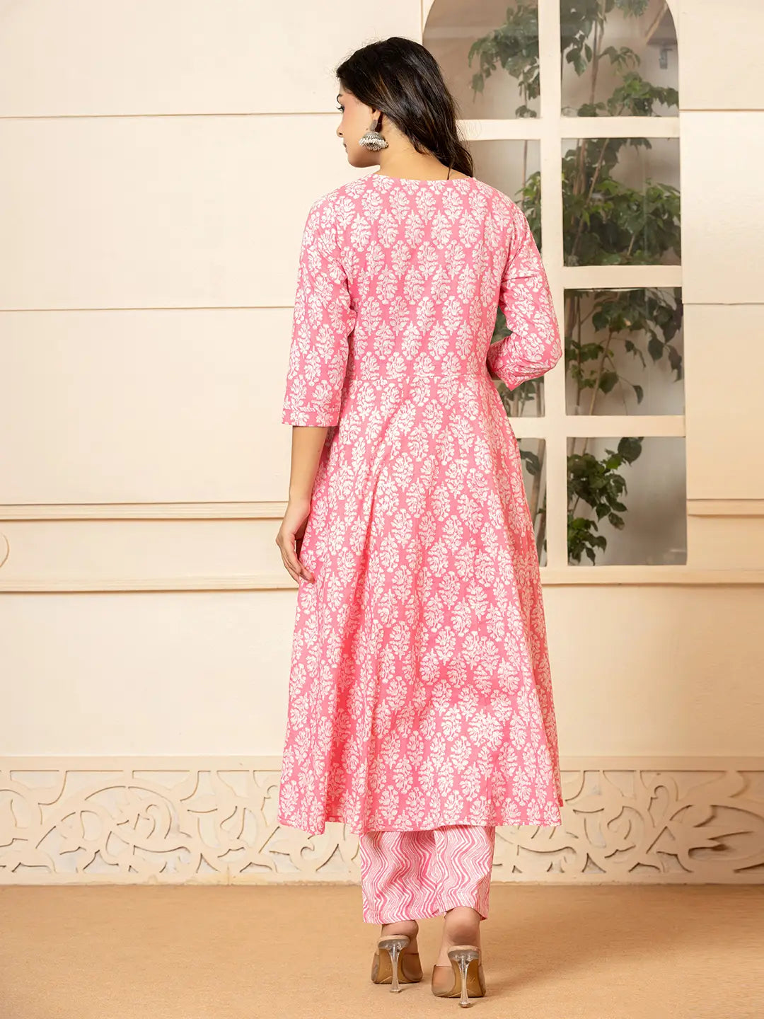 Pink Embroidered Pure Cotton Anarkali Kurta Trouser With Dupatta Set