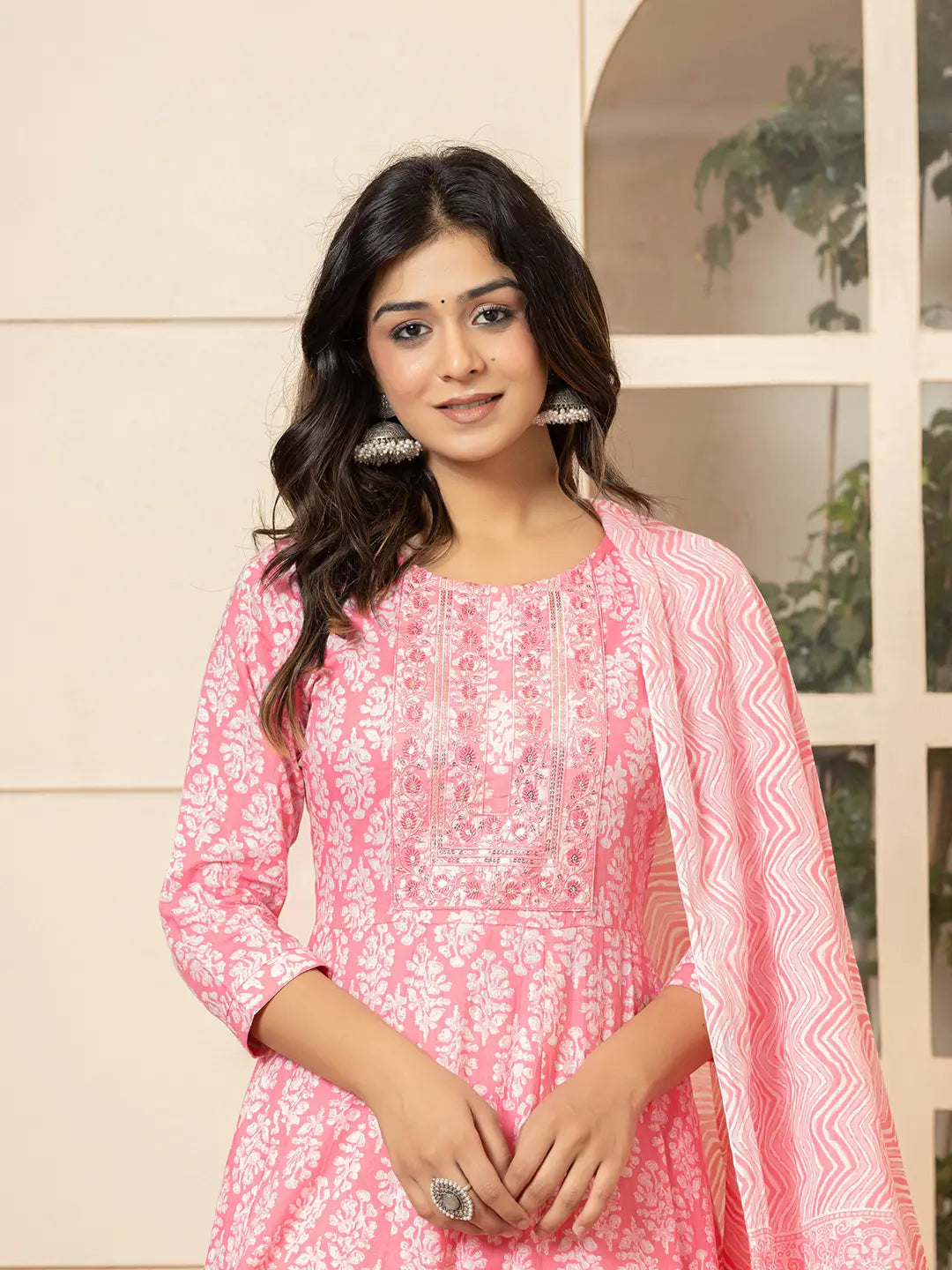 Pink Embroidered Pure Cotton Anarkali Kurta Trouser With Dupatta Set