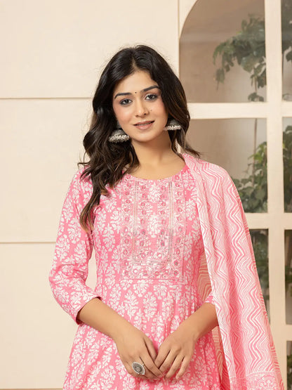 Pink Embroidered Pure Cotton Anarkali Kurta Trouser With Dupatta Set