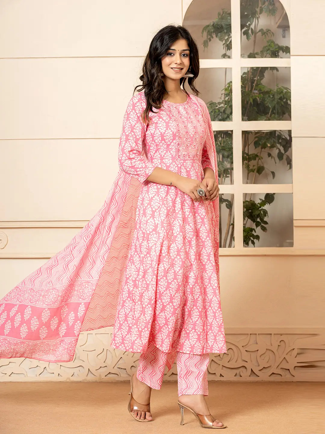 Pink Embroidered Pure Cotton Anarkali Kurta Trouser With Dupatta Set