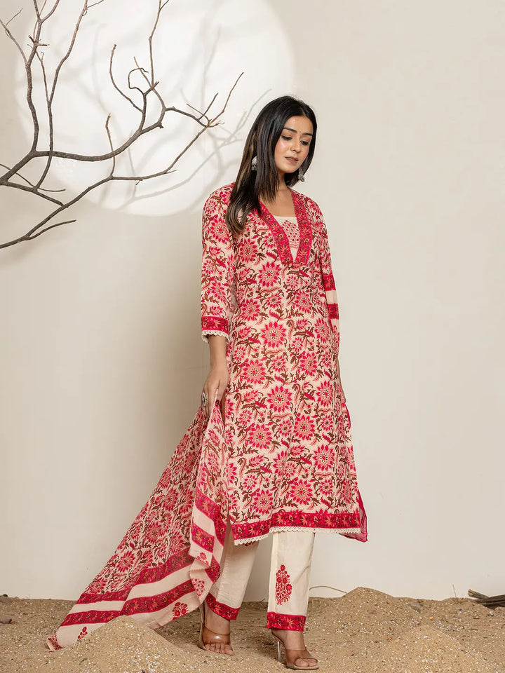 Pink Embroidered Thread Work Pure Cotton Kurta Trousers &amp; Dupatta