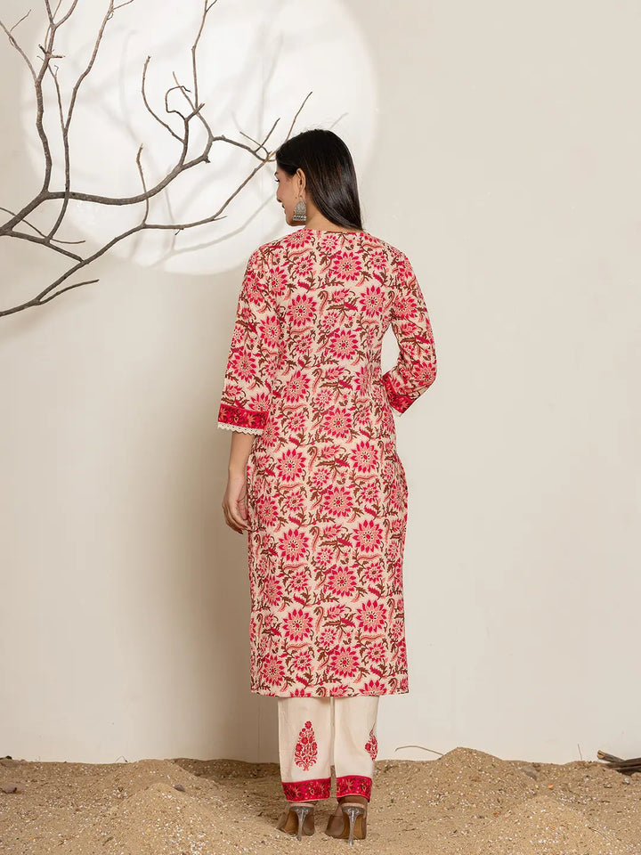 Pink Embroidered Thread Work Pure Cotton Kurta Trousers &amp; Dupatta