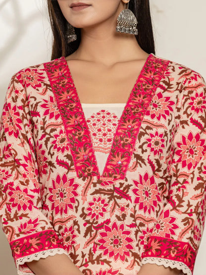 Pink Embroidered Thread Work Pure Cotton Kurta Trousers & Dupatta