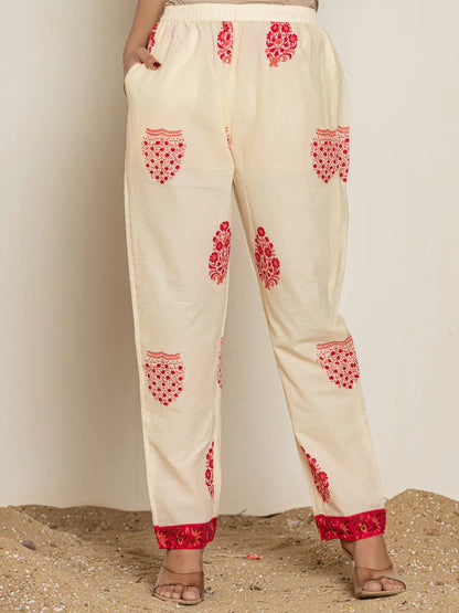 Pink Embroidered Thread Work Pure Cotton Kurta Trousers & Dupatta