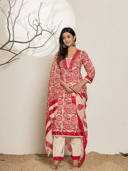 Pink Embroidered Thread Work Pure Cotton Kurta Trousers & Dupatta