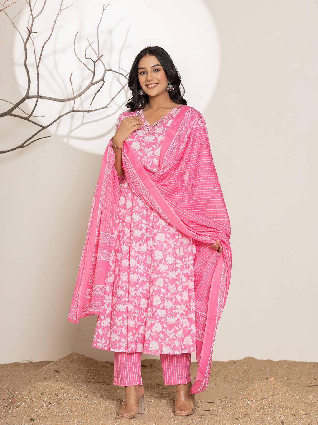 Pink Embroidery Cotton Anarkali Suit Set