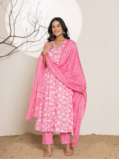 Pink Embroidery Cotton Anarkali Suit Set