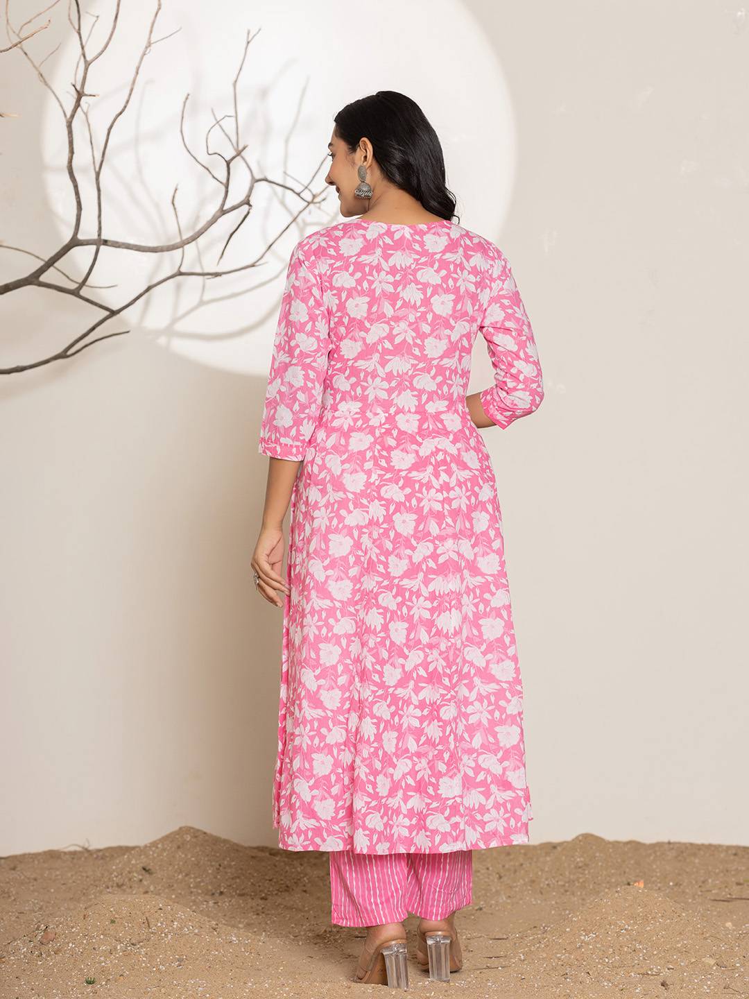 Pink Embroidery Cotton Anarkali Suit Set