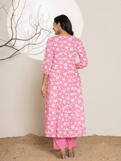 Pink Embroidery Cotton Anarkali Suit Set