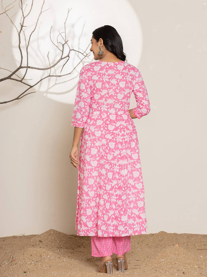 Pink Embroidery Cotton Anarkali Suit Set