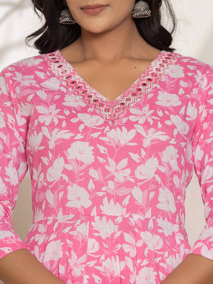 Pink Embroidery Cotton Anarkali Suit Set