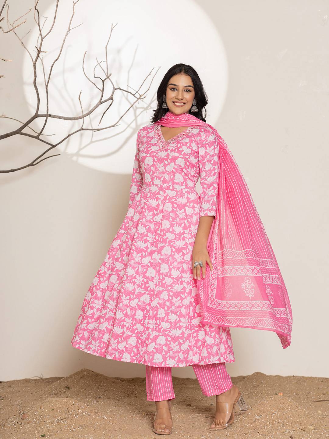 Pink Embroidery Cotton Anarkali Suit Set