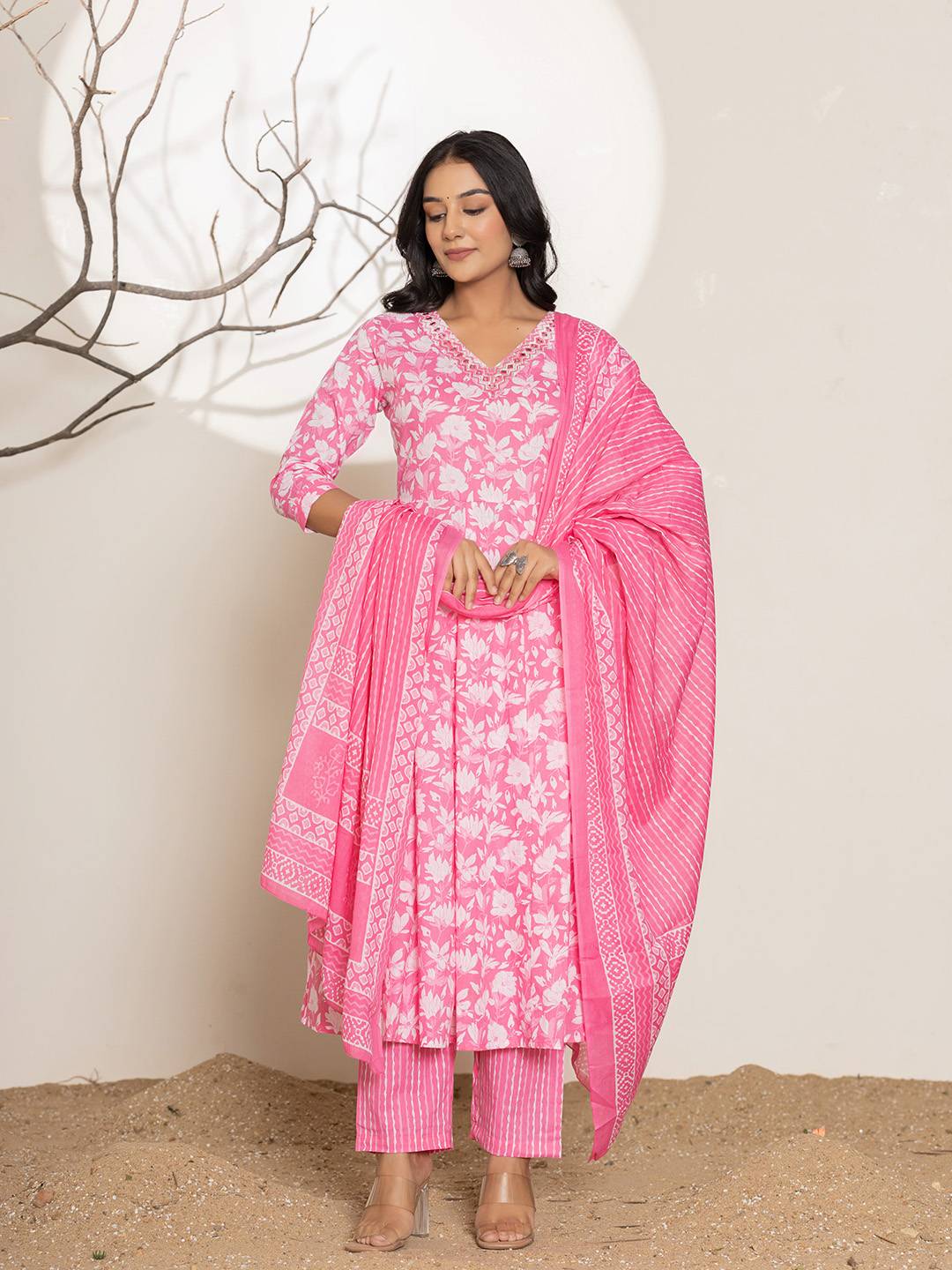 Pink Embroidery Cotton Anarkali Suit Set