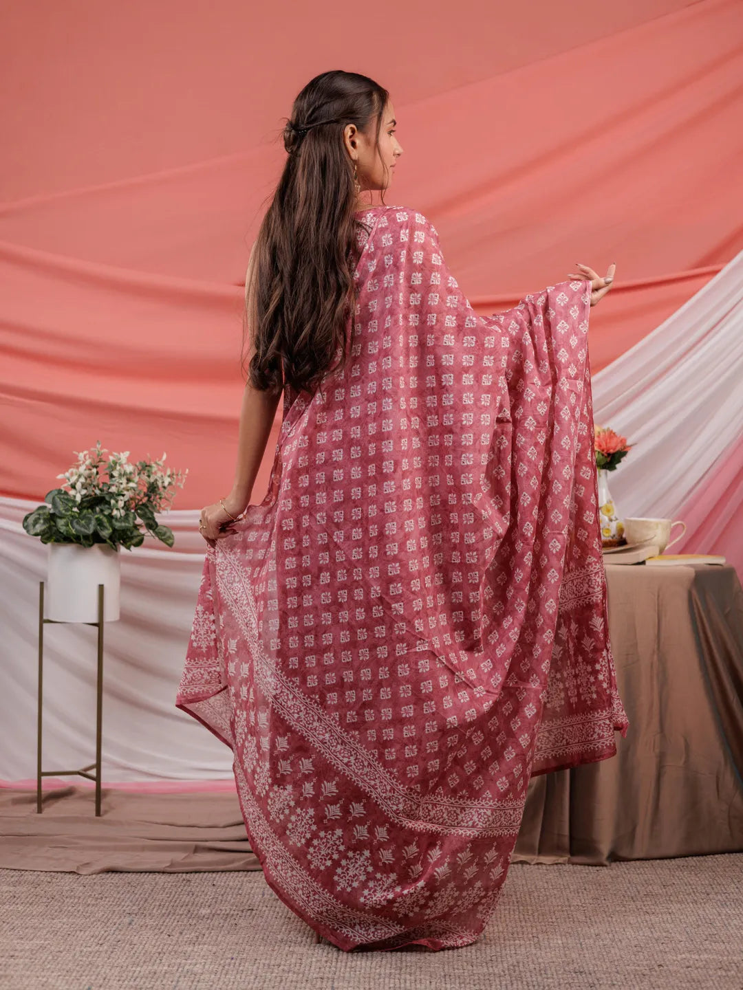 Pink Ethnic Motifs Cotton A Line Kurta Trouser & Dupatta Set