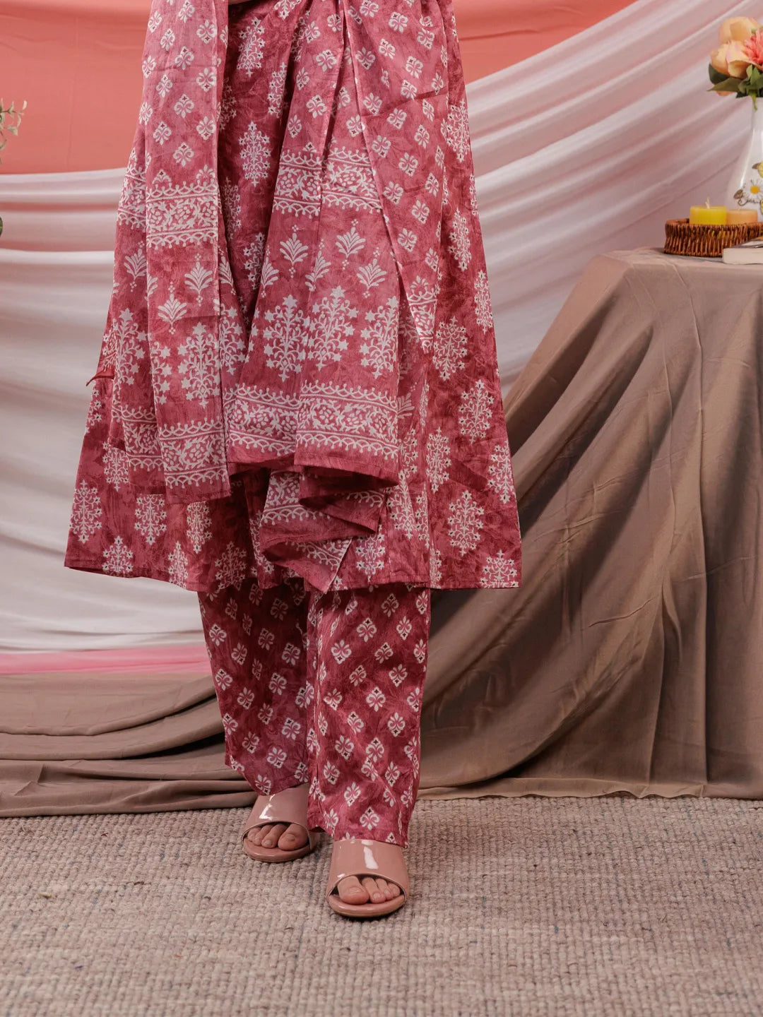 Pink Ethnic Motifs Cotton A Line Kurta Trouser & Dupatta Set