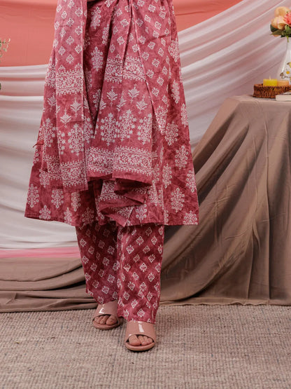 Pink Ethnic Motifs Cotton A Line Kurta Trouser & Dupatta Set