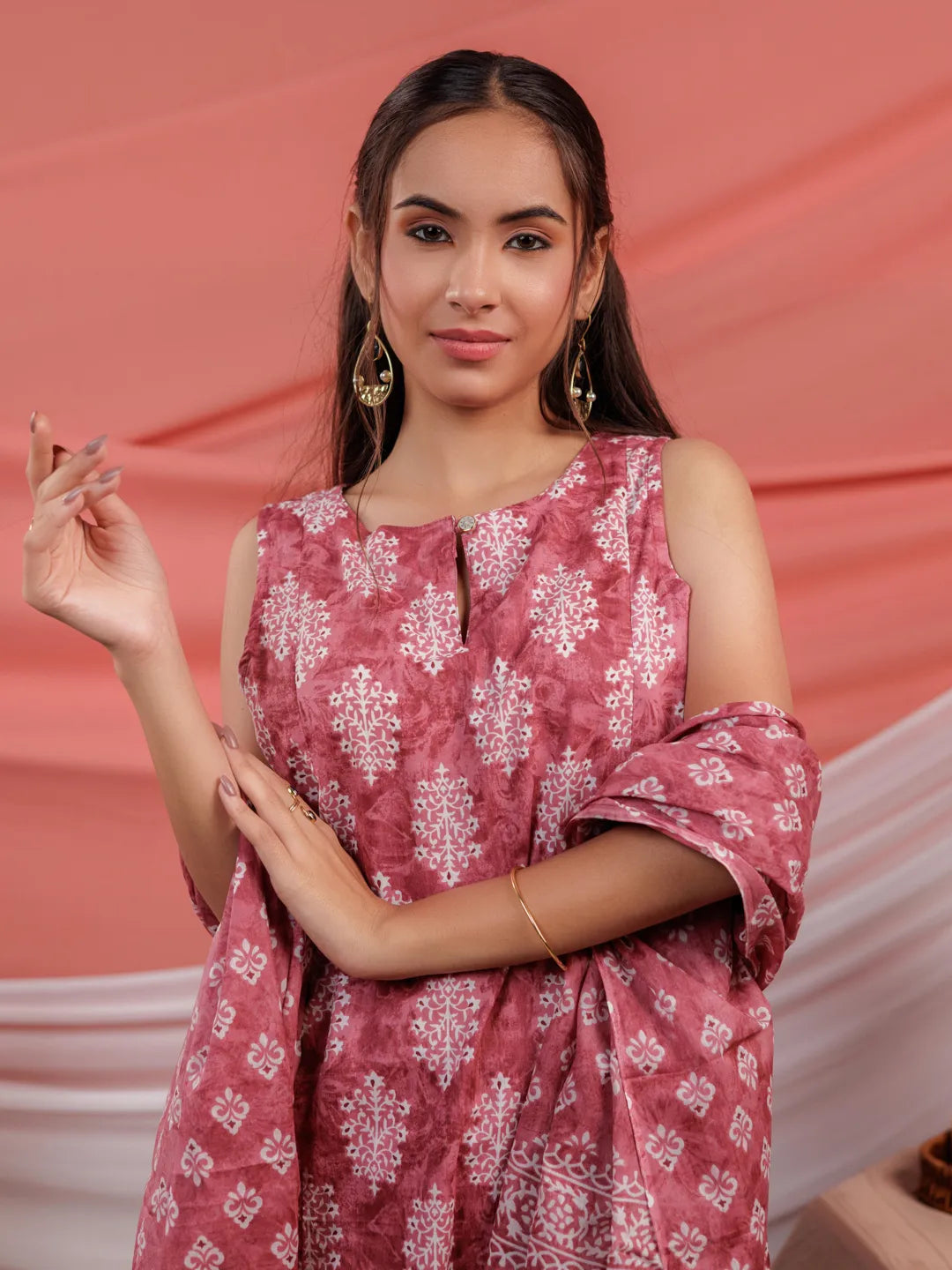 Pink Ethnic Motifs Cotton A Line Kurta Trouser &amp; Dupatta Set