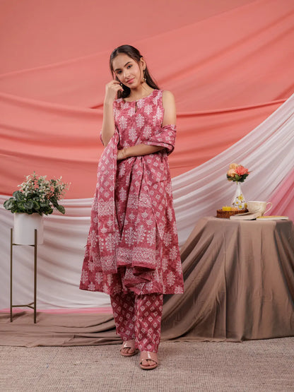Pink Ethnic Motifs Cotton A Line Kurta Trouser & Dupatta Set