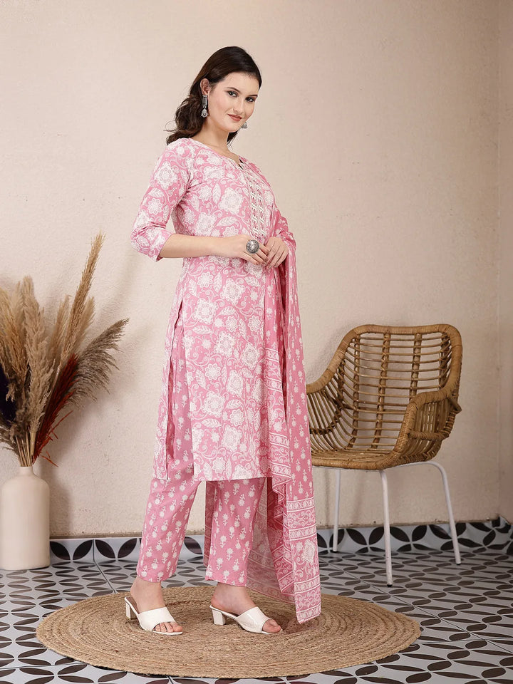 Pink Ethnic Motifs Print Straight Kurta Trouser Dupatta Set
