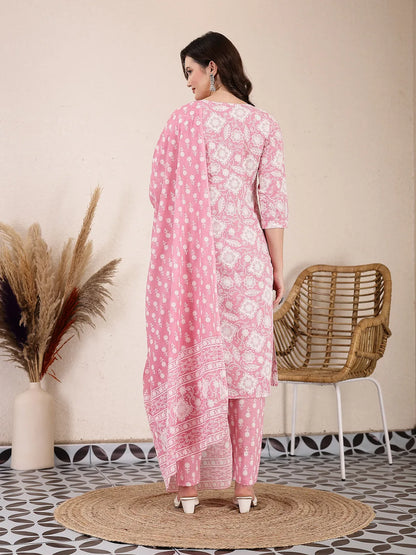 Pink Ethnic Motifs Print Straight Kurta Trouser Dupatta Set