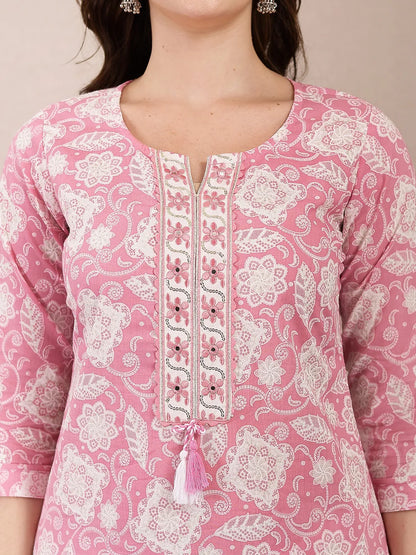 Pink Ethnic Motifs Print Straight Kurta Trouser Dupatta Set