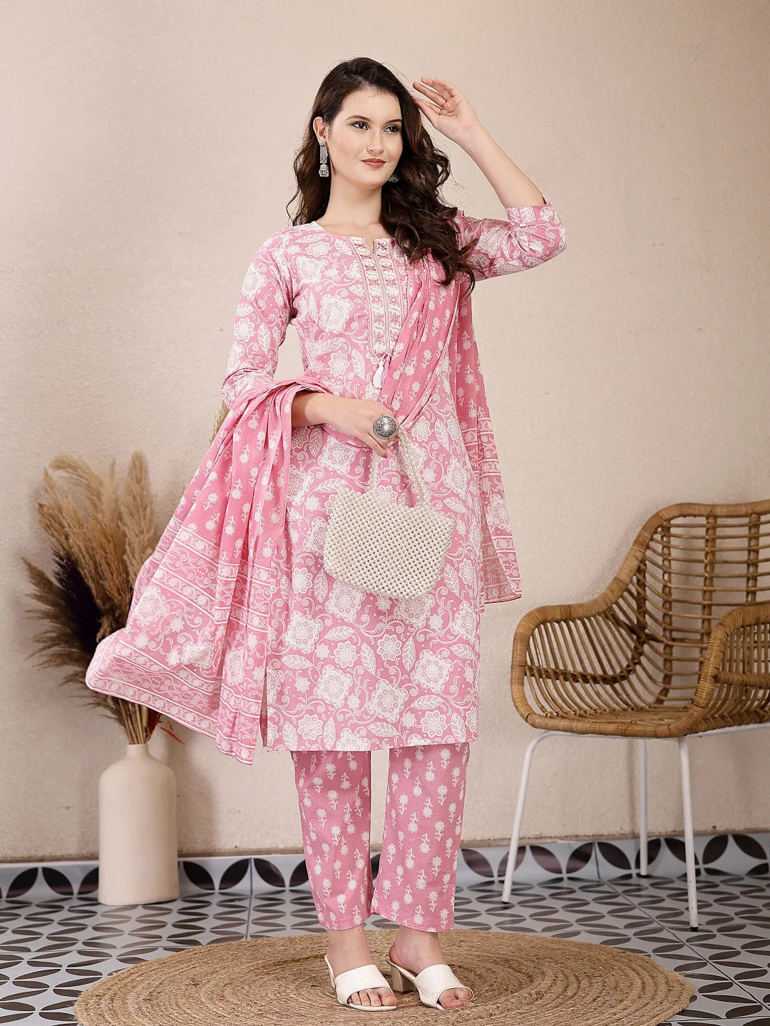 Pink Ethnic Motifs Print Straight Kurta Trouser Dupatta Set