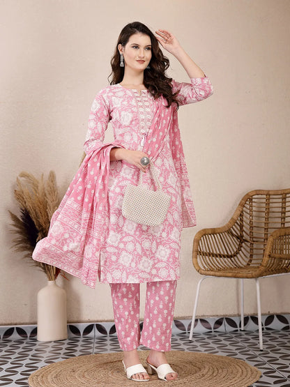 Pink Ethnic Motifs Print Straight Kurta Trouser Dupatta Set