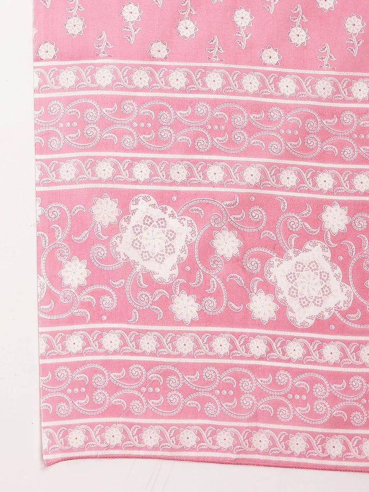 Pink Ethnic Motifs Print Straight Kurta Trouser Dupatta Set