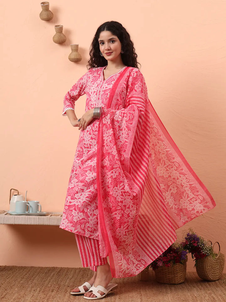Pink Ethnic Motifs Pure Cotton Straight Kurta Pant Set