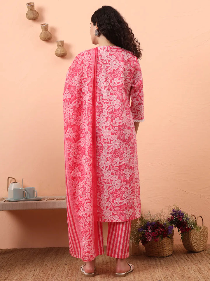 Pink Ethnic Motifs Pure Cotton Straight Kurta Pant Set