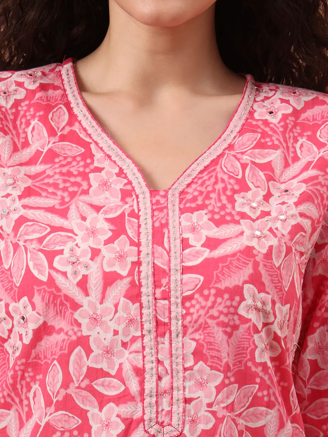 Pink Ethnic Motifs Pure Cotton Straight Kurta Pant Set