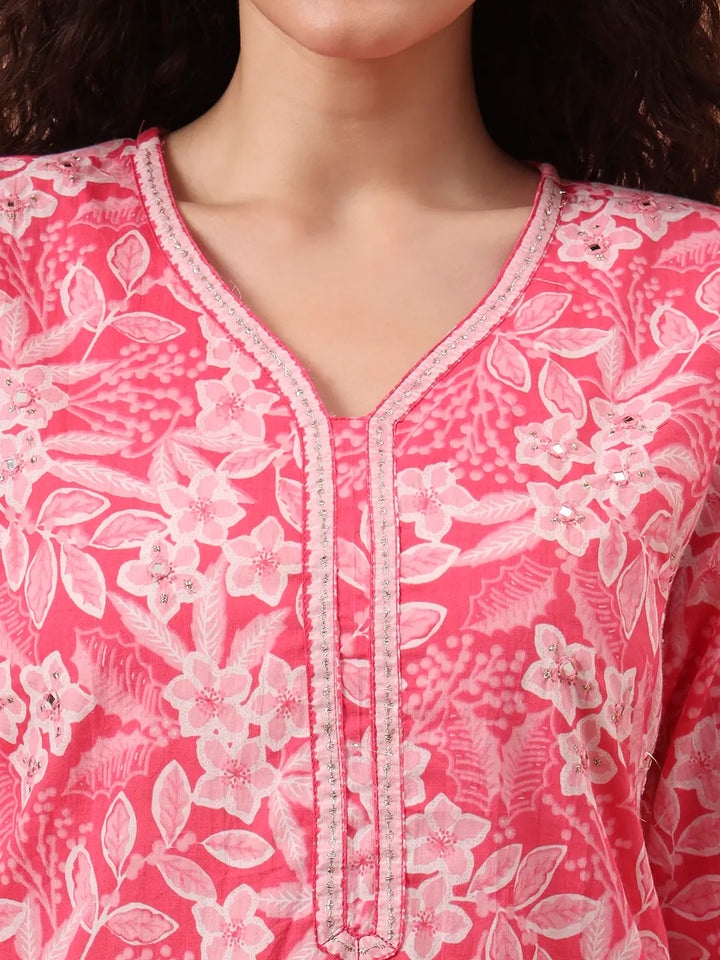 Pink Ethnic Motifs Pure Cotton Straight Kurta Pant Set