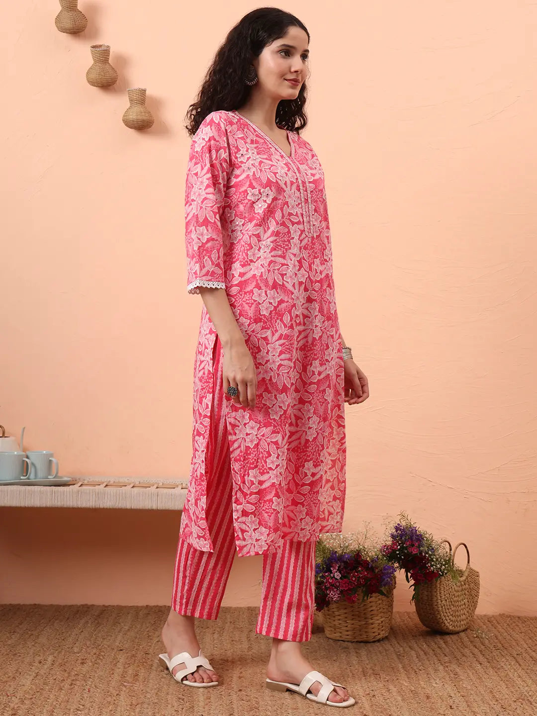 Pink Ethnic Motifs Pure Cotton Straight Kurta Pant Set