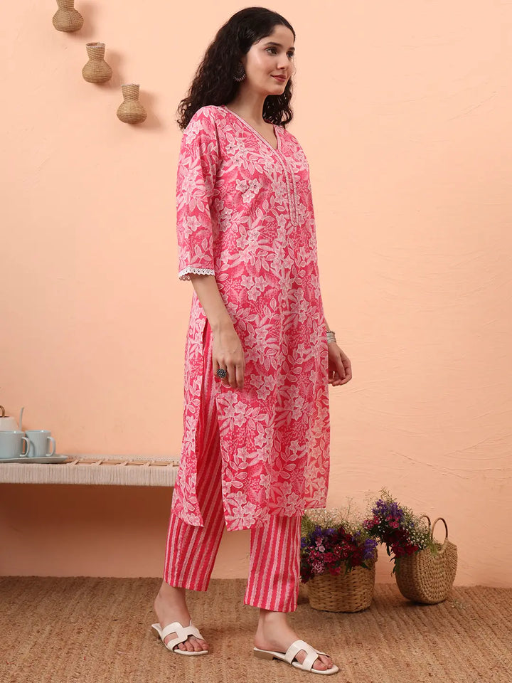 Pink Ethnic Motifs Pure Cotton Straight Kurta Pant Set
