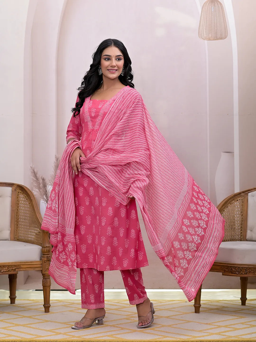 Pink Floral Cotton A Line Suit Set