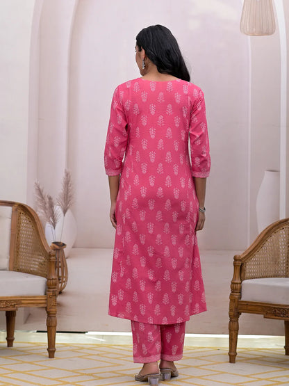 Pink Floral Cotton A Line Suit Set