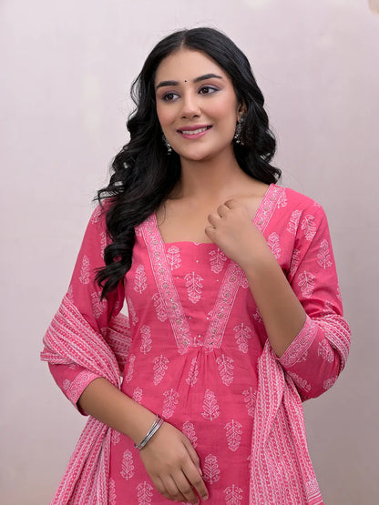 Pink Floral Cotton A Line Suit Set