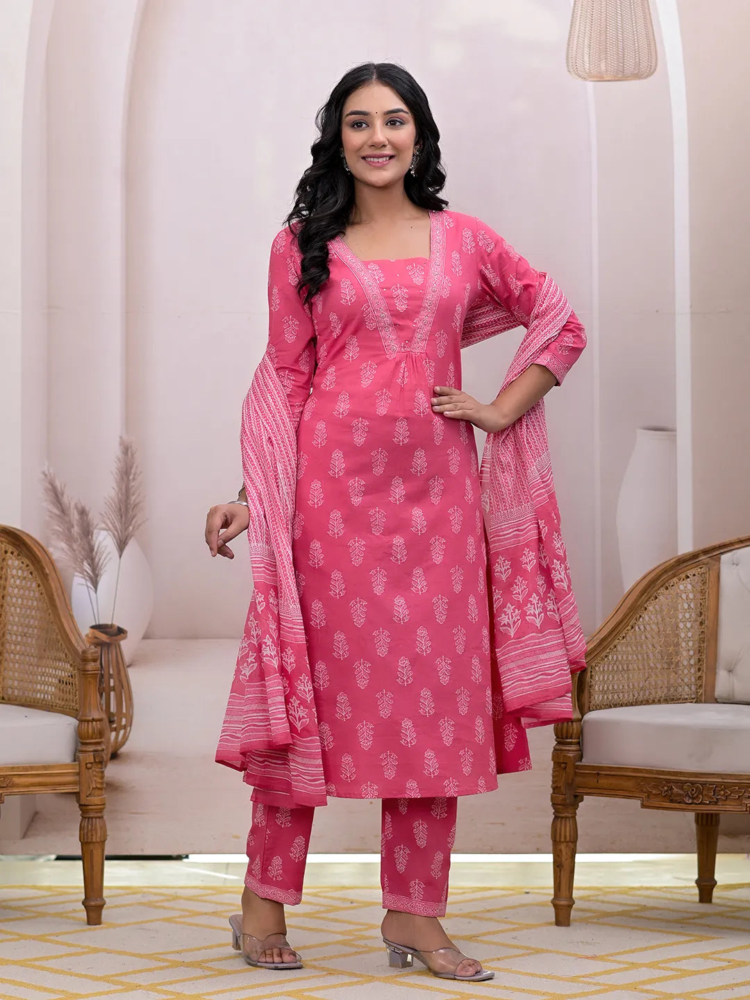 Pink Floral Cotton A Line Suit Set