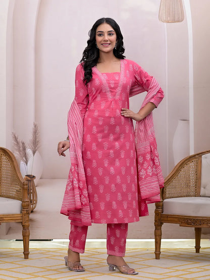 Pink Floral Cotton A Line Suit Set
