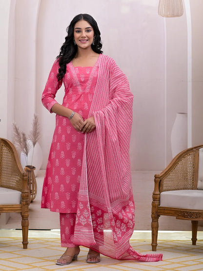 Pink Floral Cotton A Line Suit Set