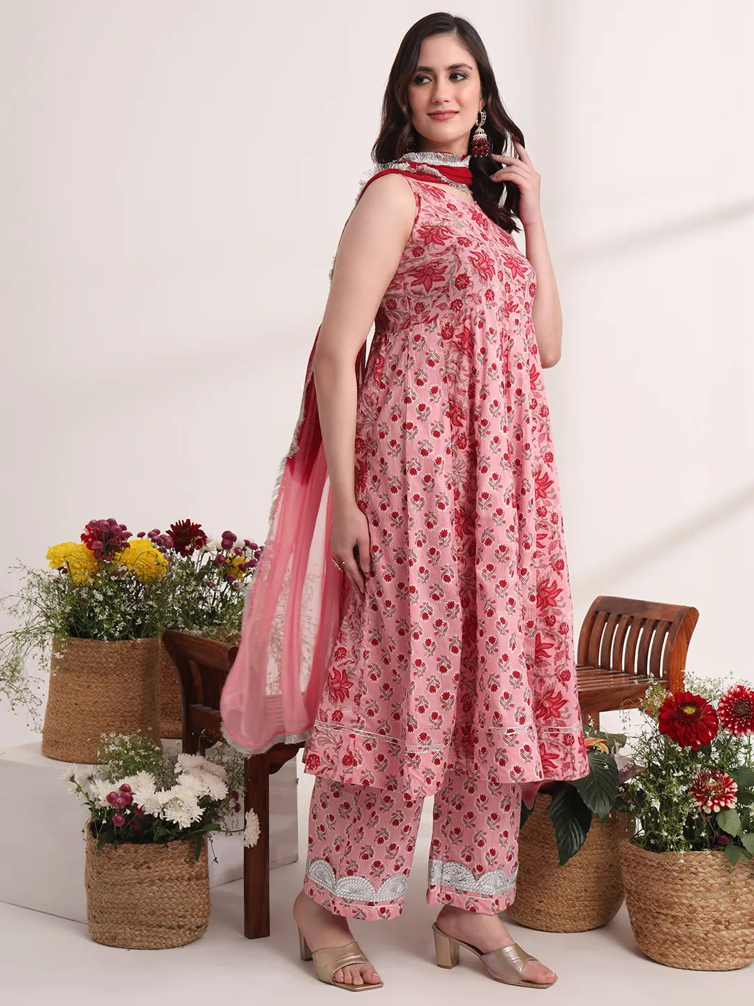 Pink Floral Print Anarkali Kurta And Trouser With Dupatta Set
