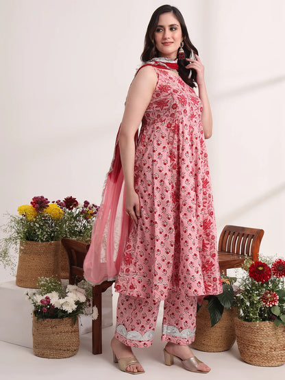 Pink Floral Print Anarkali Kurta And Trouser With Dupatta Set